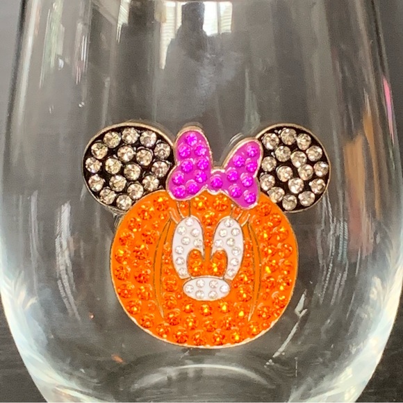 Rhinestone Minnie Mouse Jack O’Lantern Stemless Wine Glass - Disney Halloween - Picture 3 of 7